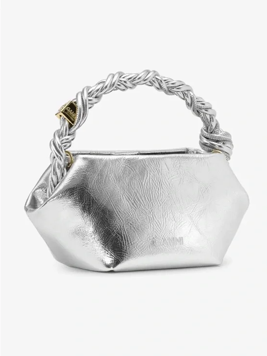 NWT GANNI Bou Mini Bag Silver Metallic Leather Top Handle Logo Bag Purse - Picture 3 of 7